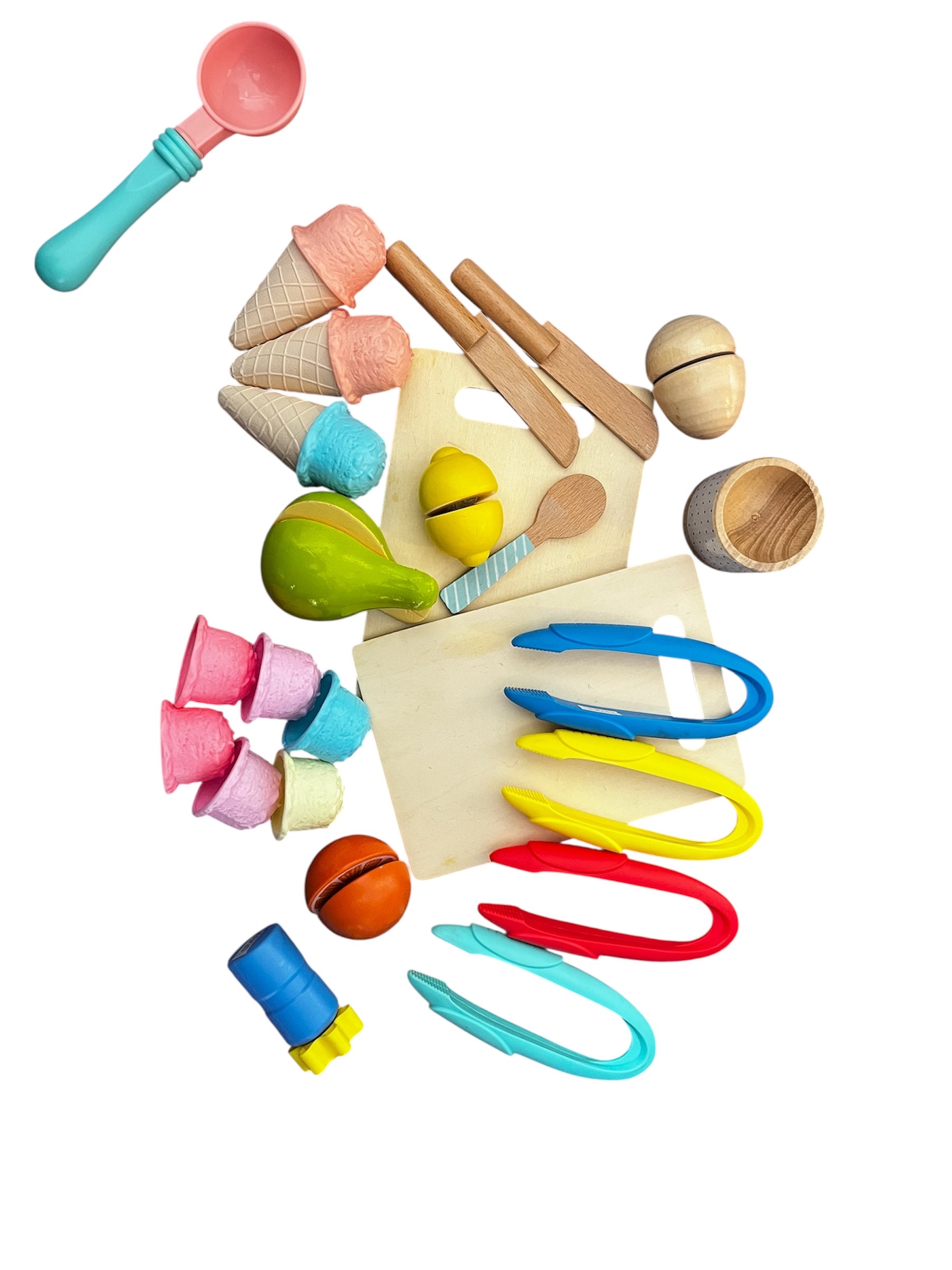 kitchen set, icecreams and chopping board, tongs and fruit